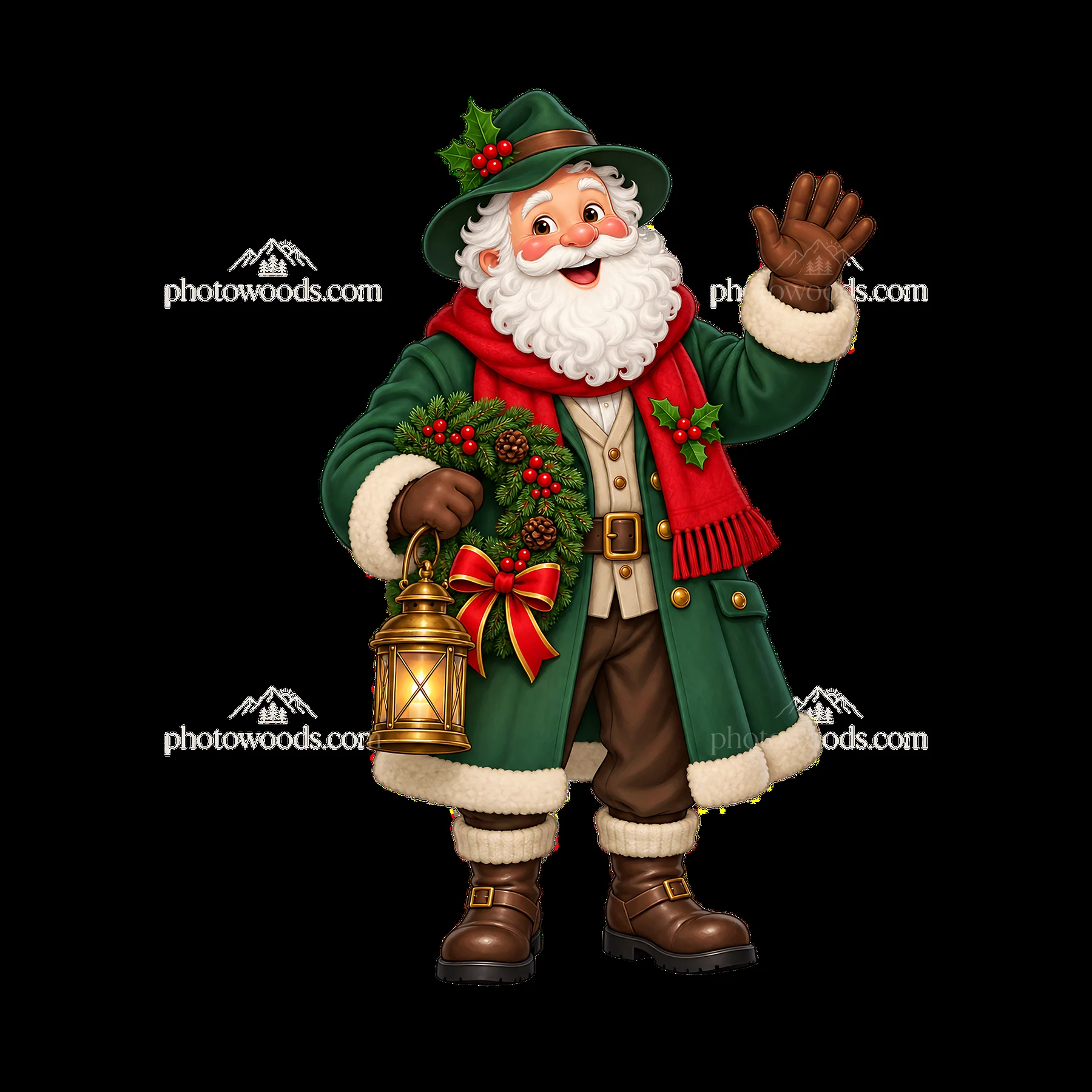 Santa Claus holding a lantern and Christmas wreath in green coat - AI-generated stock image
