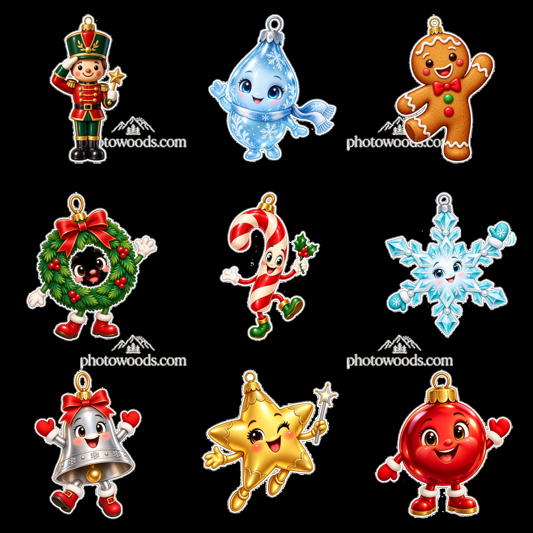 Christmas ornaments: gingerbread, snowman, star, and bell stickers - AI-generated stock image