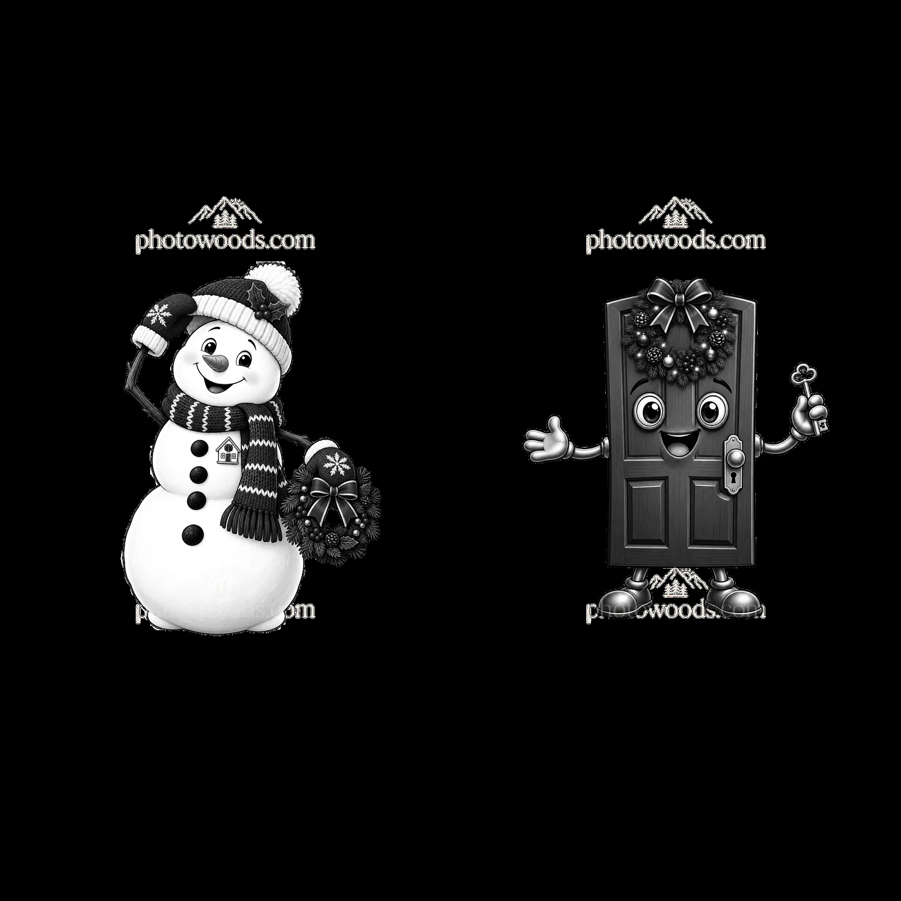 Snowman and smiling door character with Christmas accessories - AI-generated stock image