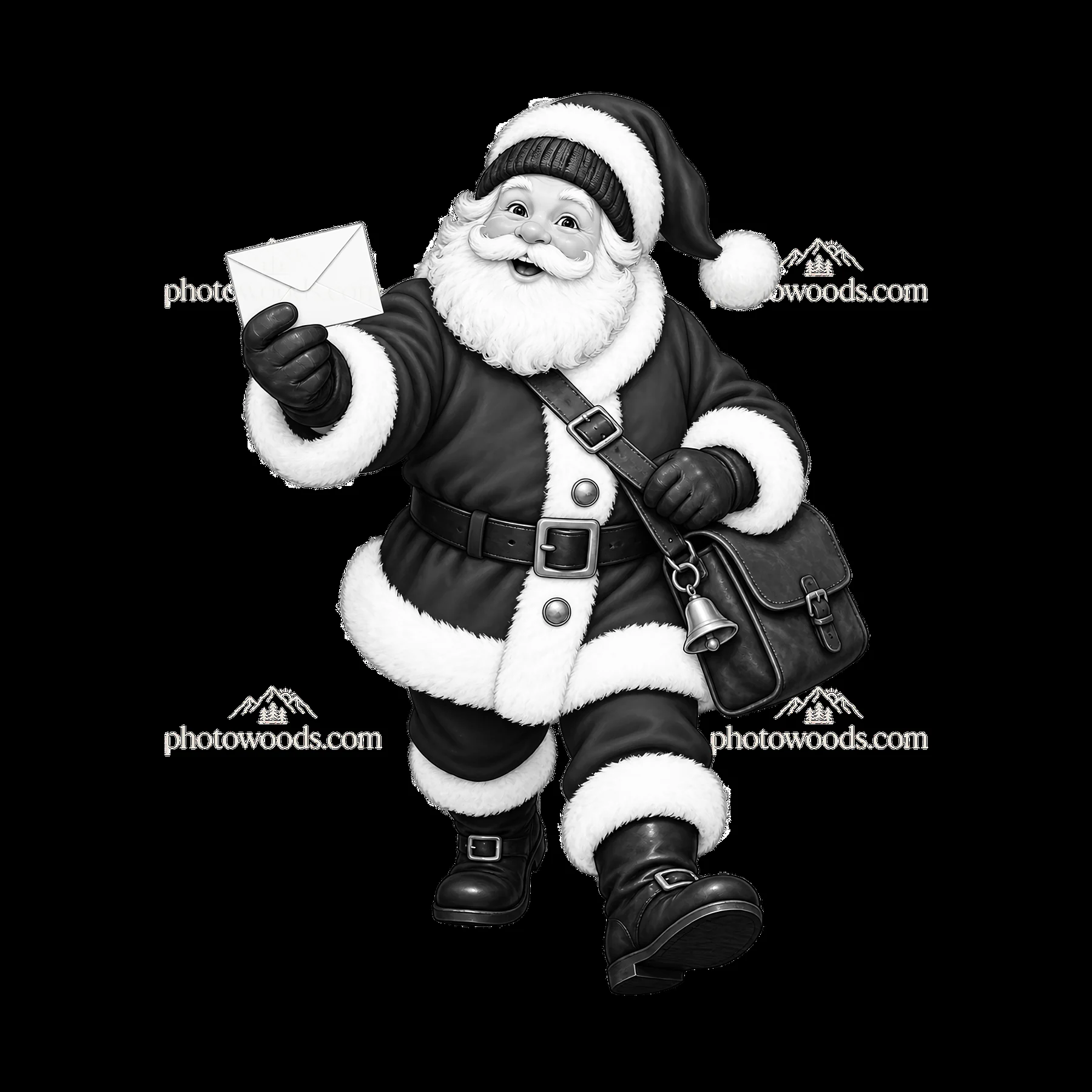 Santa Claus holding an envelope and walking with a bag - AI-generated stock image