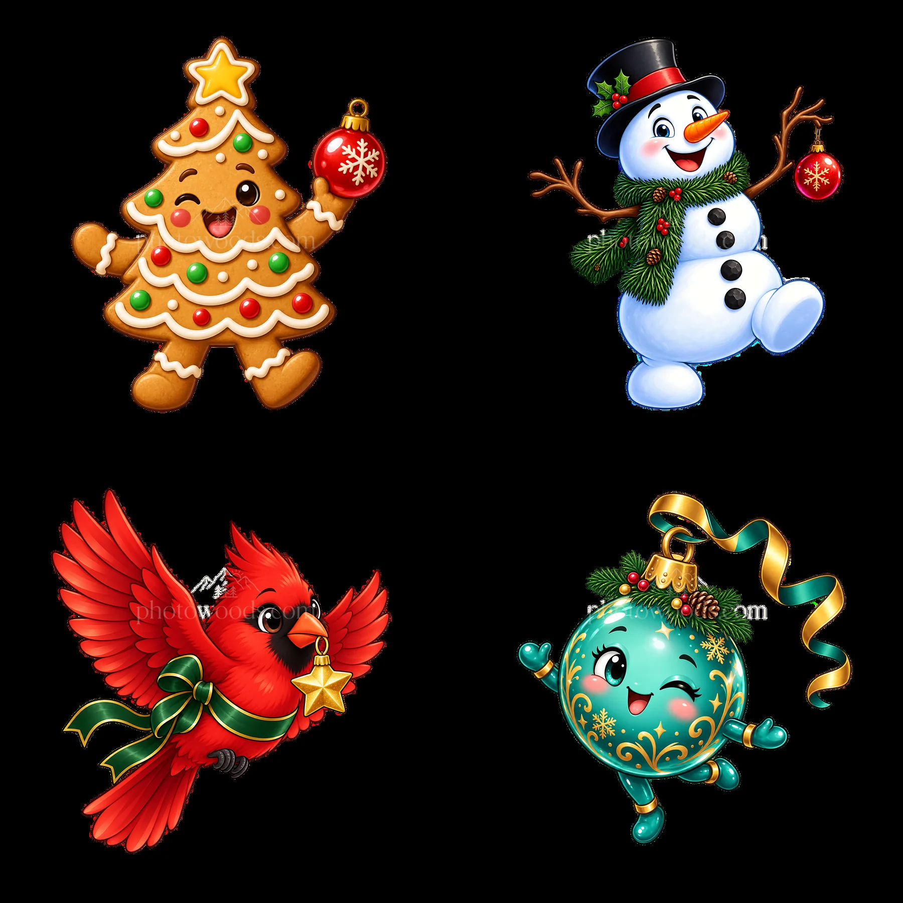 Christmas characters with tree, snowman, bird, and ornament - AI-generated stock image
