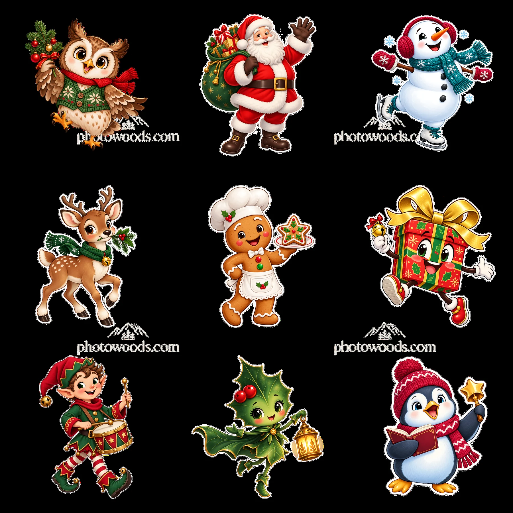 Christmas cartoon characters in a 3x3 festive arrangement - AI-generated stock image
