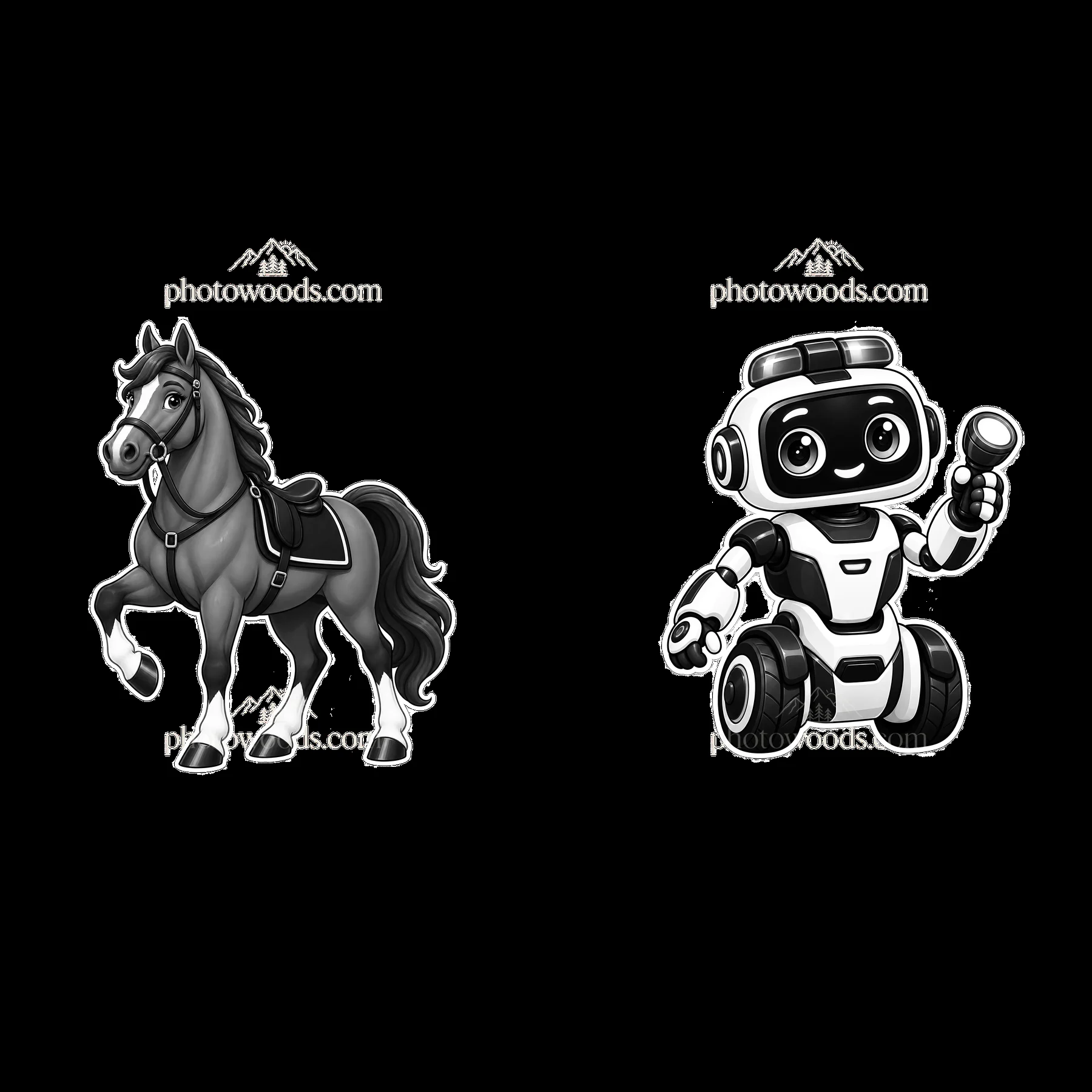 Cartoon horse and robot characters in monochrome design - AI-generated stock image