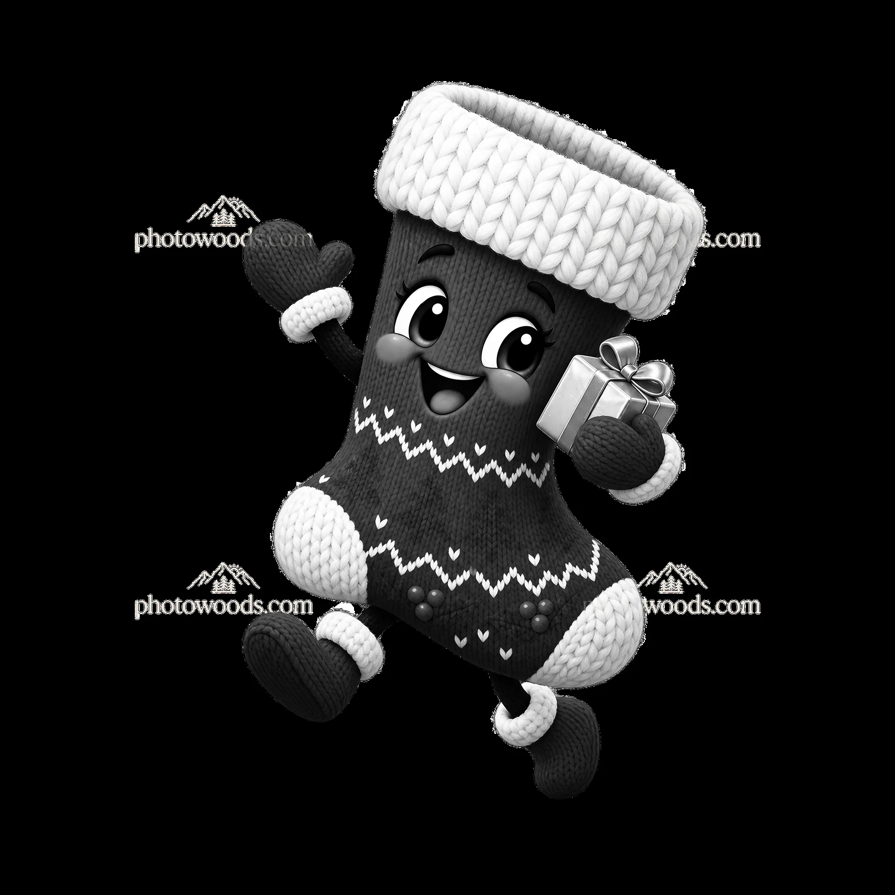 Cartoon Christmas sock character holding a gift - AI-generated stock image
