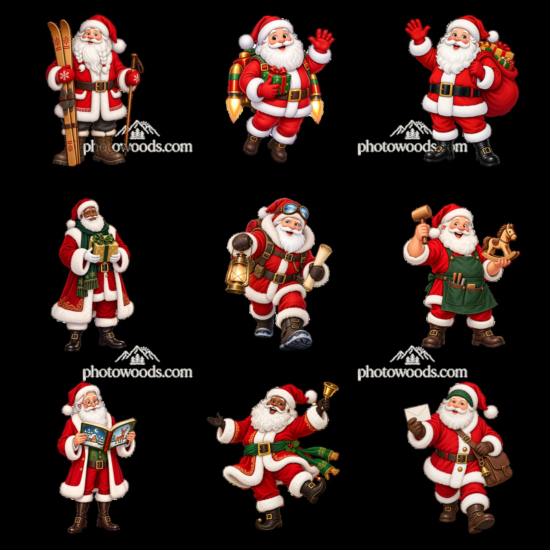 Santa Claus character stickers in varied festive actions - AI-generated stock image