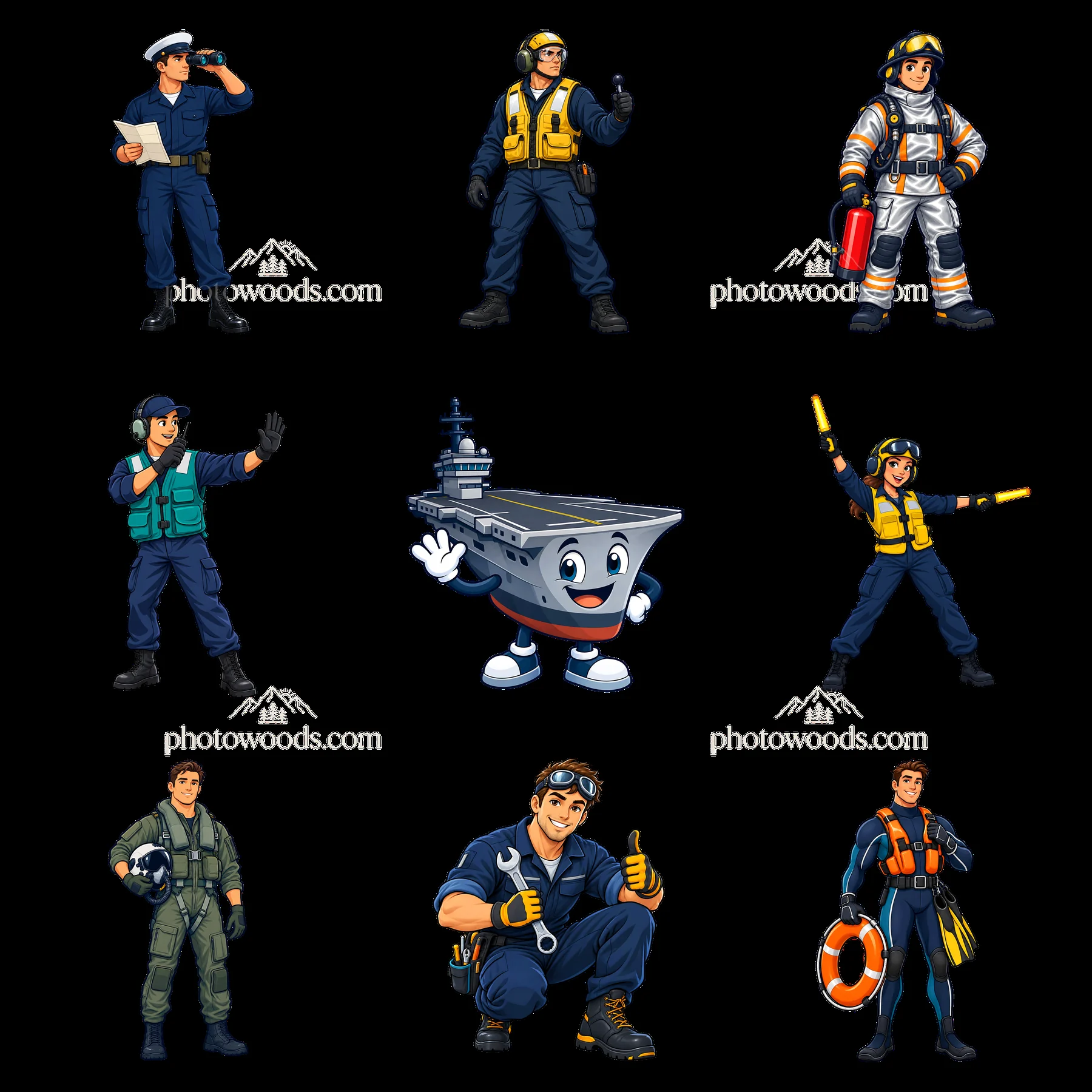 Cartoon sticker set of varied personnel on an aircraft carrier - AI-generated stock image