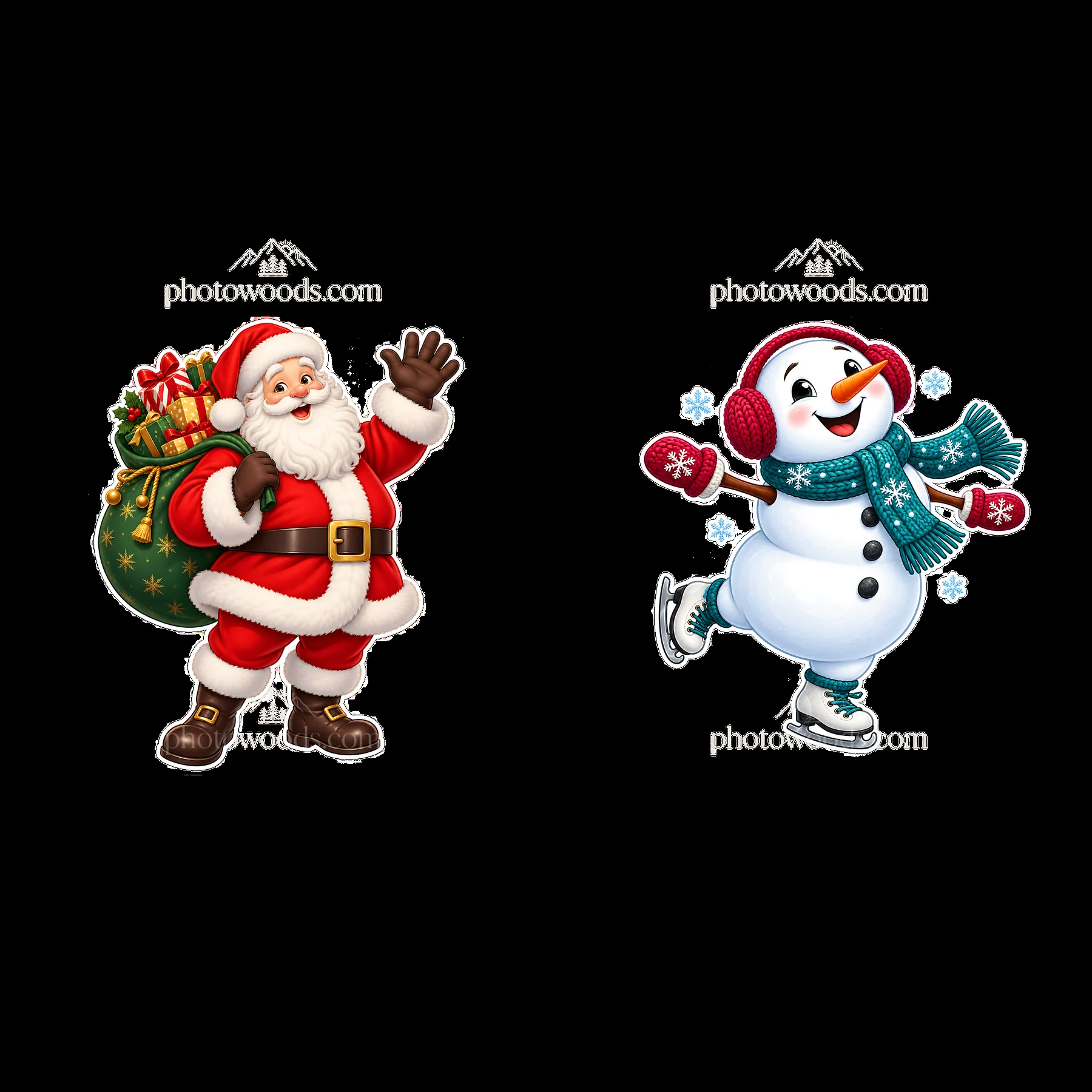 Santa Claus with gifts and a snowman skating in Christmas scene - AI-generated stock image