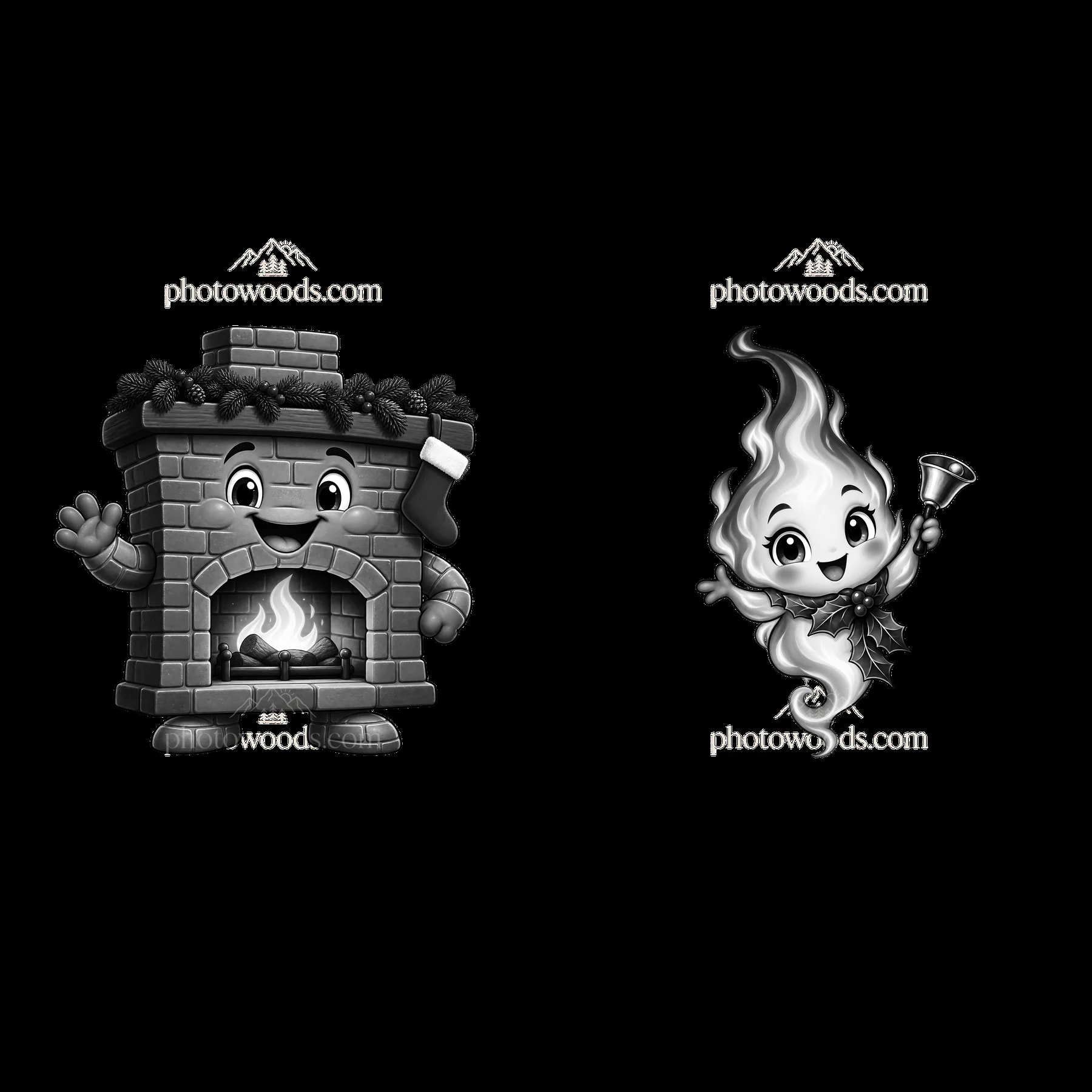 Cartoon chimney and flame character by the fireplace during Christmas - AI-generated stock image