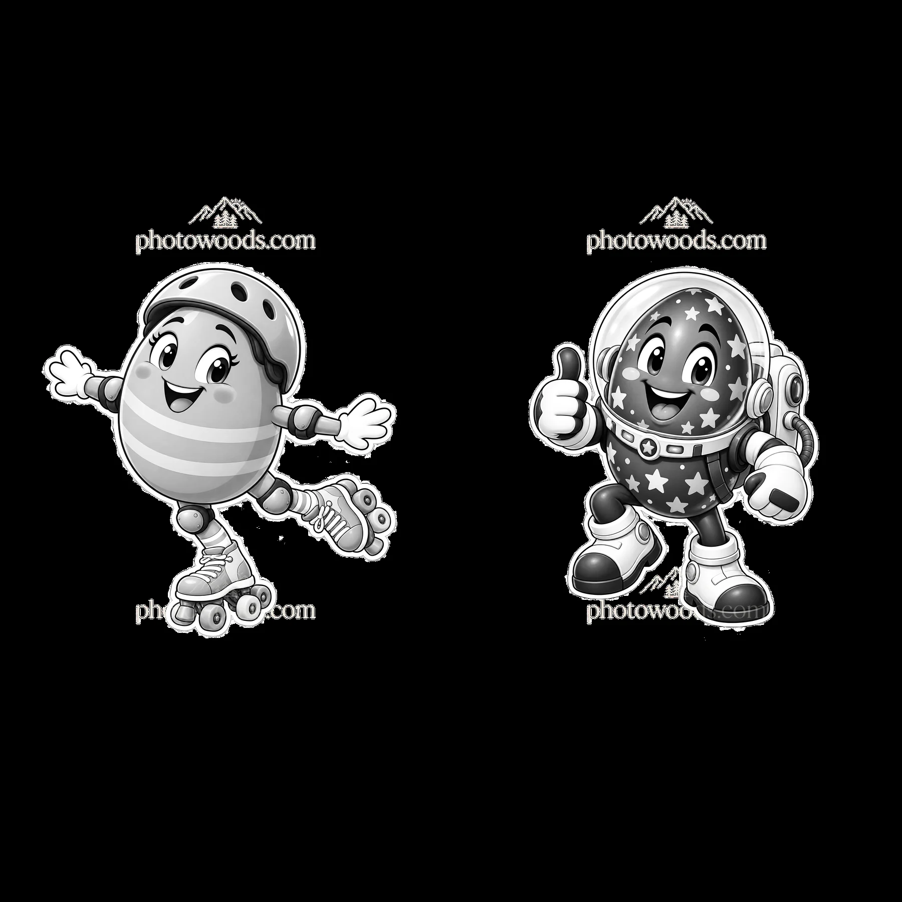 Easter egg characters on rollerskates and in space suit - AI-generated stock image