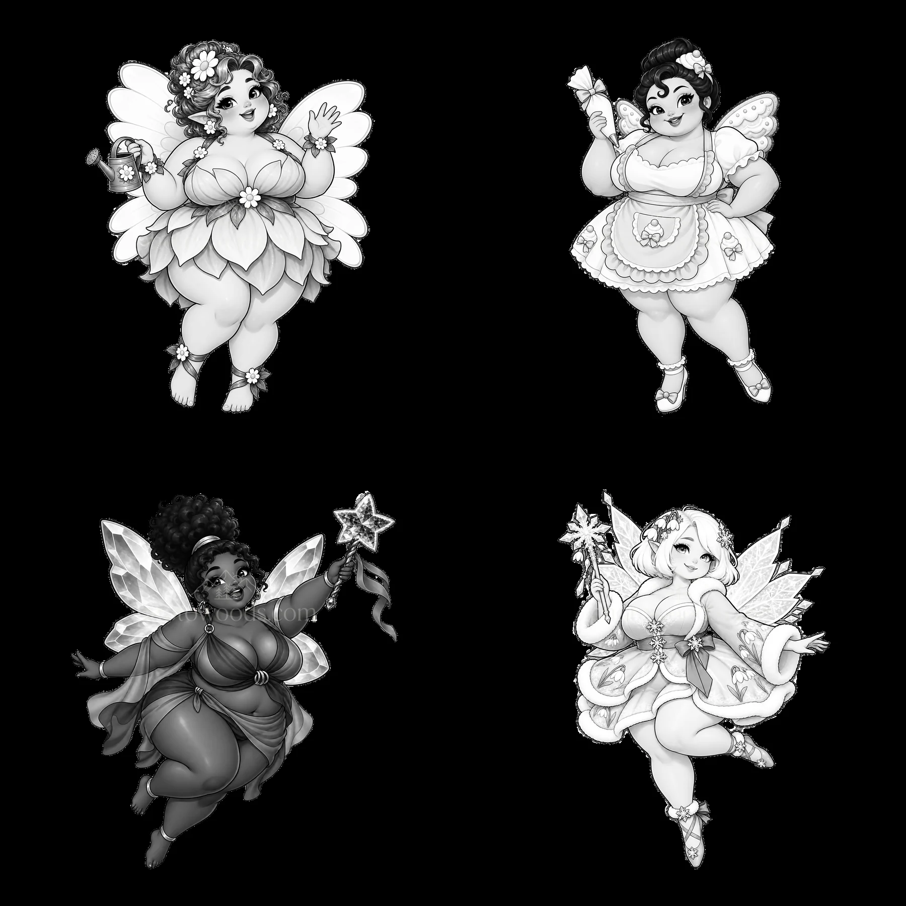 Kawaii fat fairies holding magic wands in black-and-white design - AI-generated stock image