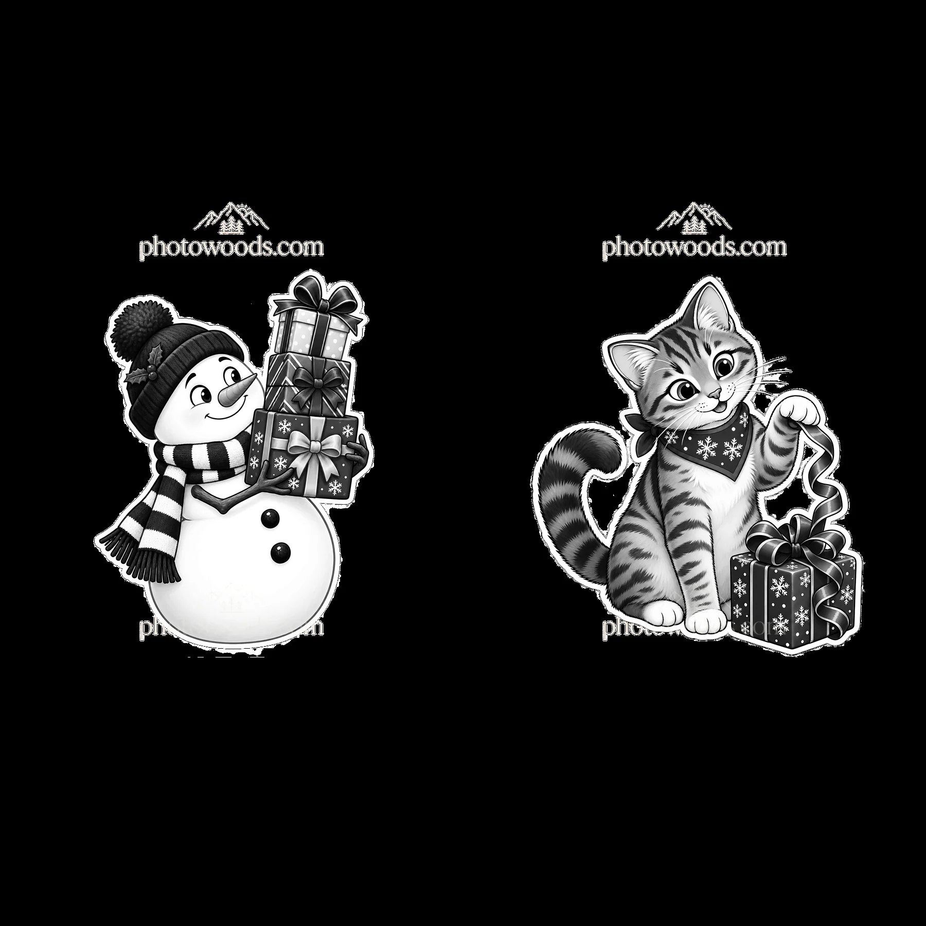 Snowman and cat with Christmas presents in black-and-white design - AI-generated stock image