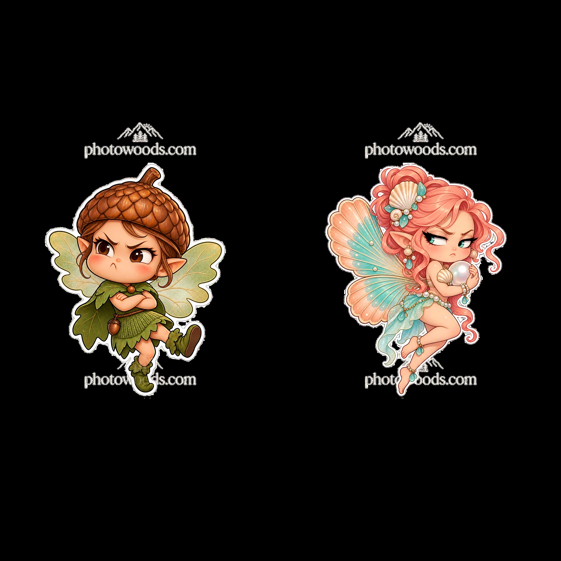 Kawaii grumpy fairy and fairy with pearl sticker illustration - AI-generated stock image