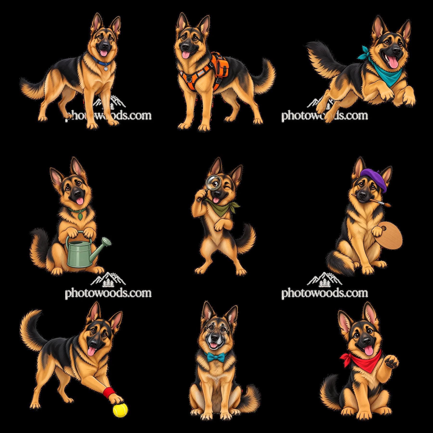 German shepherd dogs in various playful poses and activities - AI-generated stock image