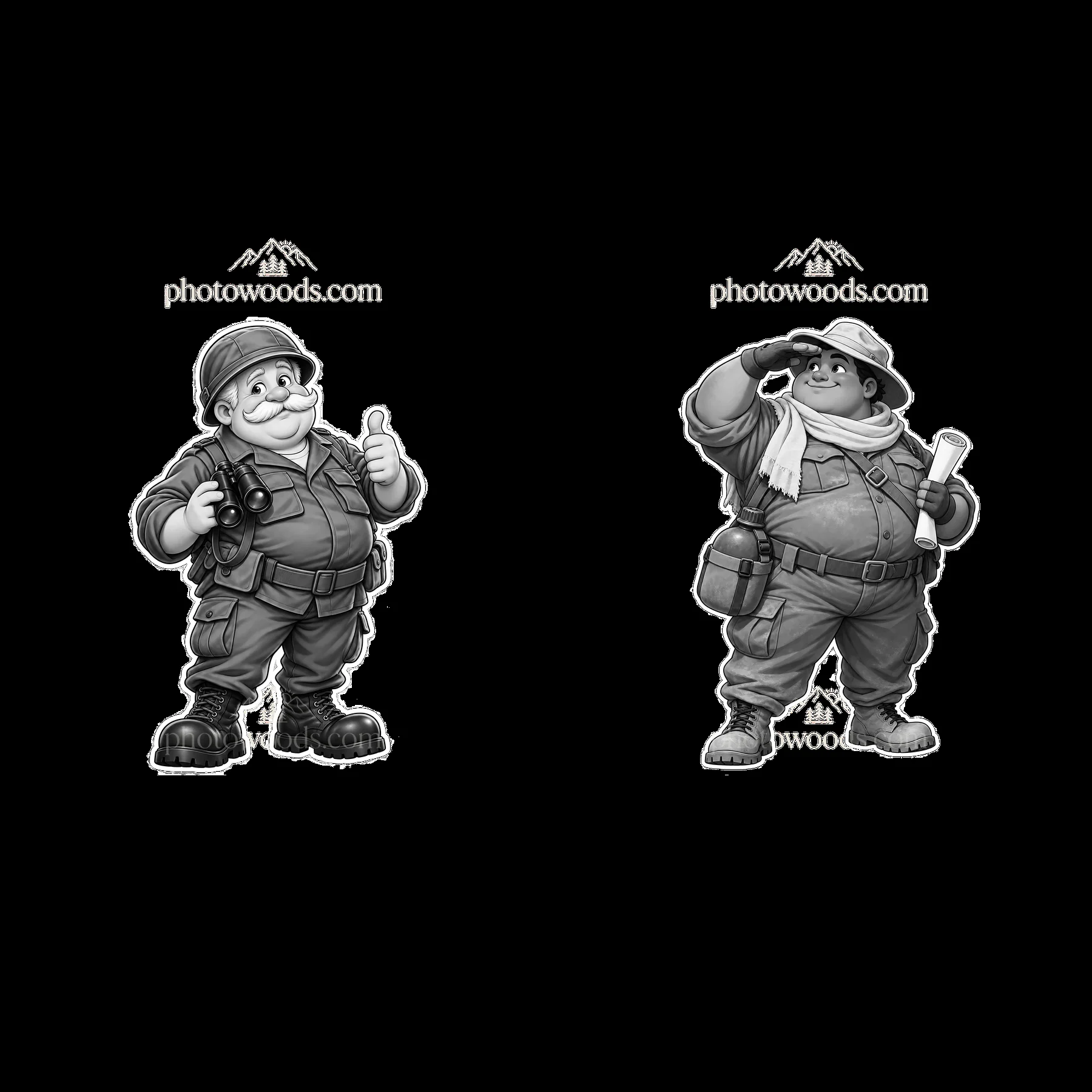 Chubby soldier characters in a humorous cartoon duo pose - AI-generated stock image