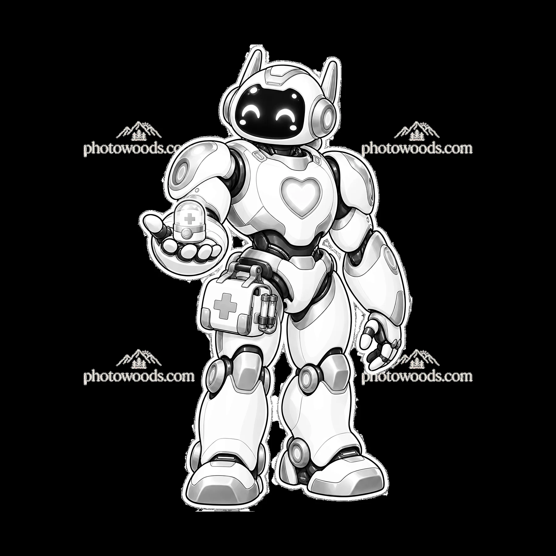 Cartoon robot medic offering assistance with medical kit - AI-generated stock image