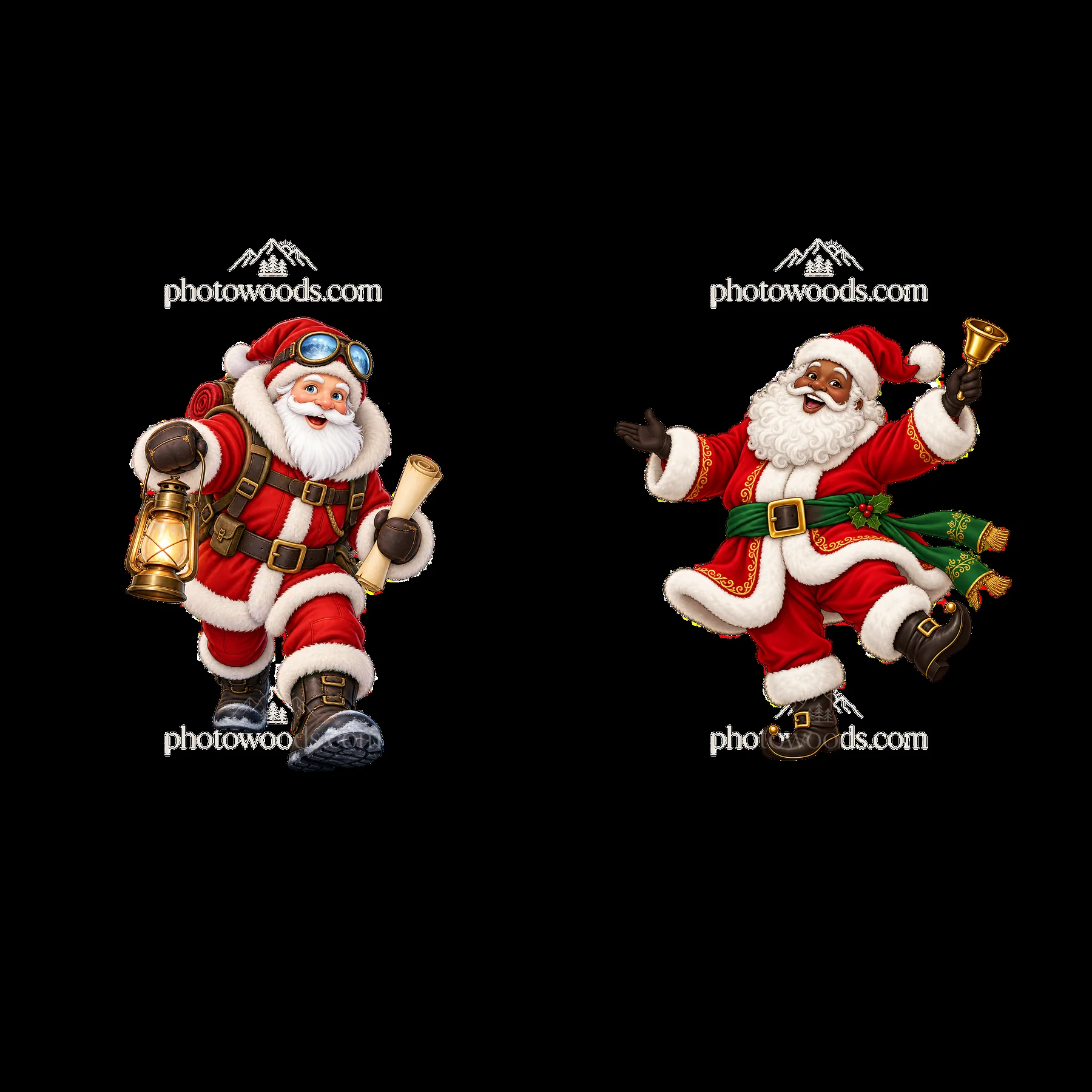 Santa Claus carrying a lantern and Santa dancing with a bell - AI-generated stock image