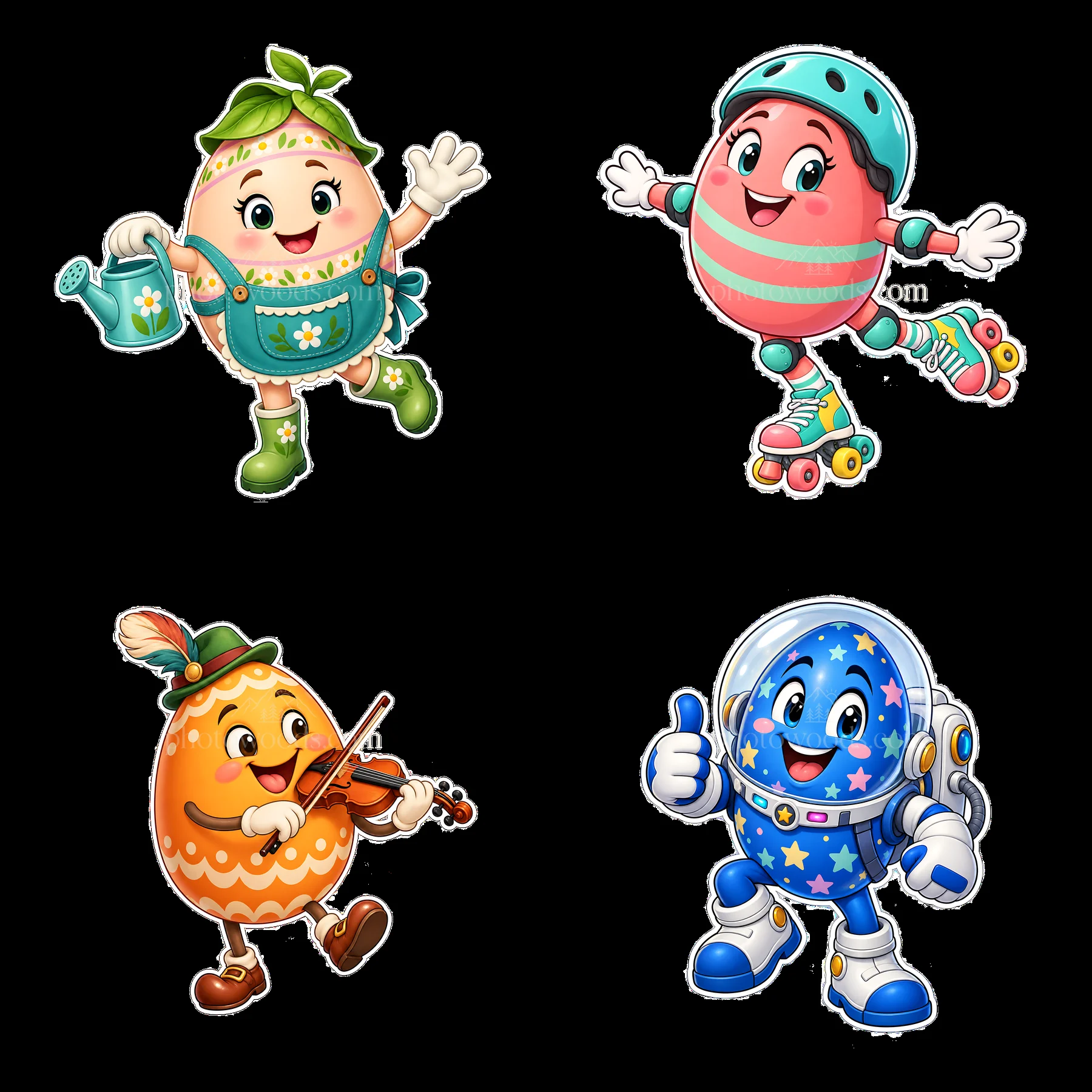 Colorful cartoon Easter eggs celebrating with various activities - AI-generated stock image