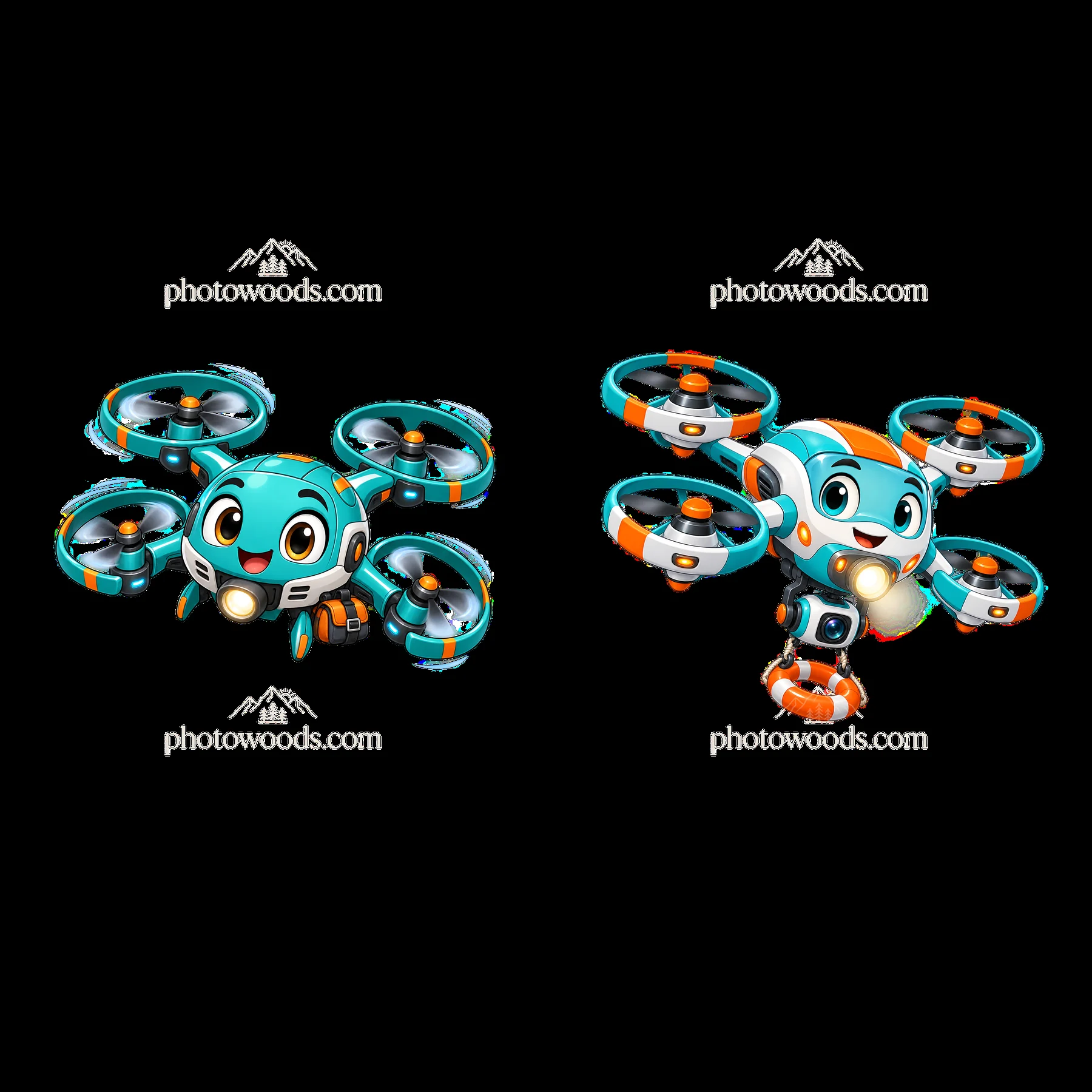 Cartoon drones with friendly faces and distinctive colors - AI-generated stock image