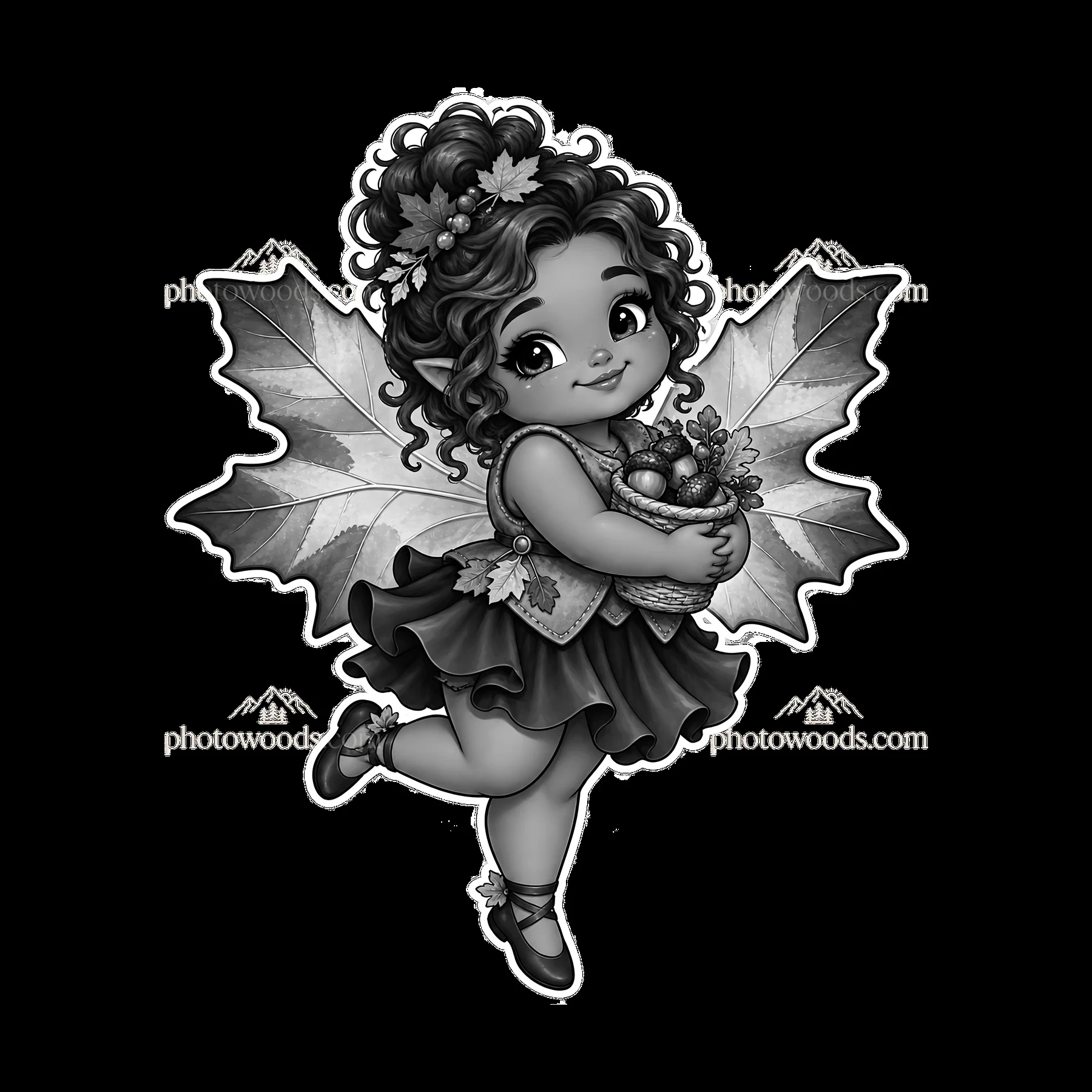 Kawaii chubby fairy with flower basket and large leaf wings - AI-generated stock image