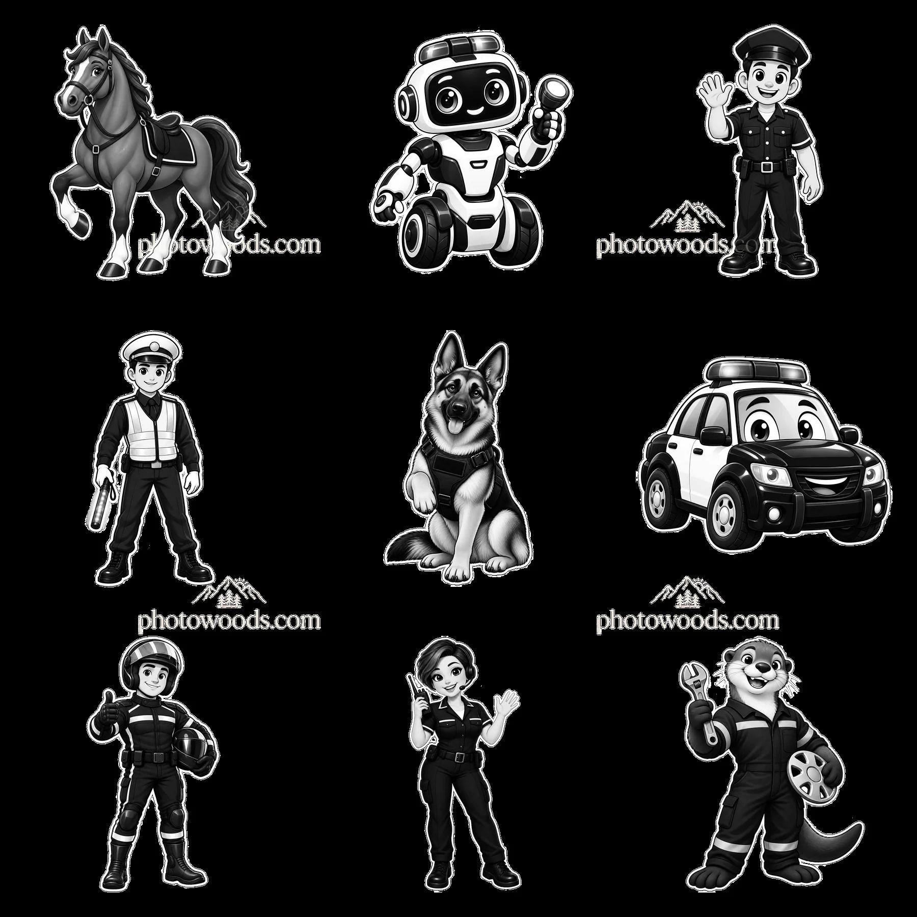 Black-and-white sticker set of police cars and characters - AI-generated stock image