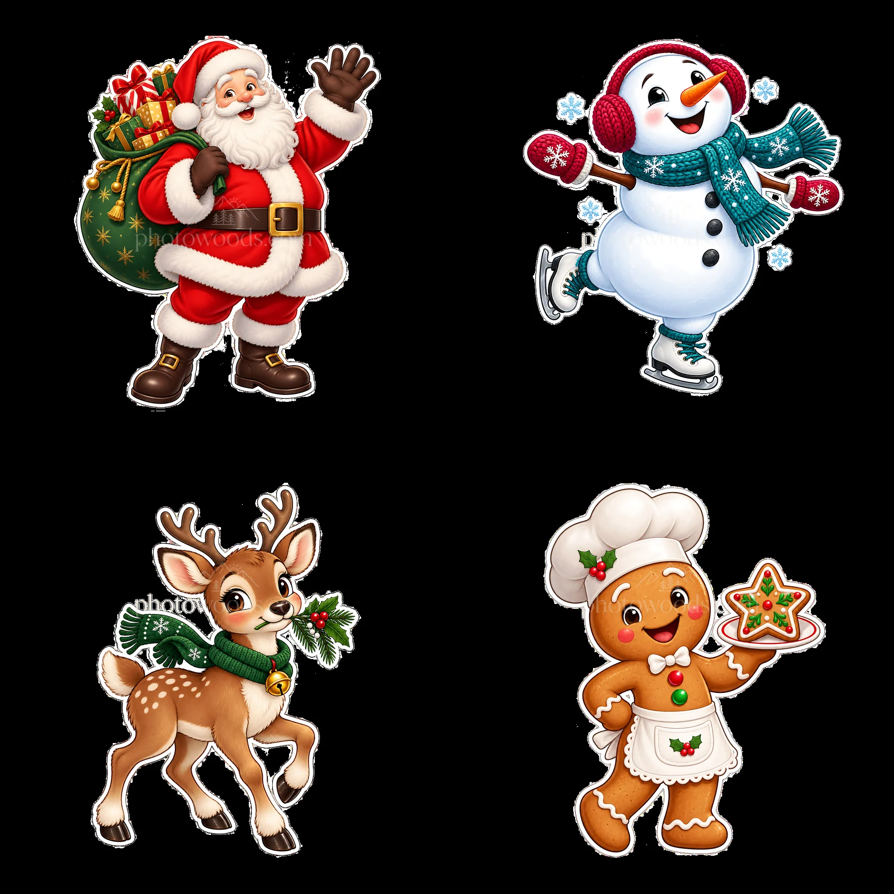 Christmas characters with Santa, snowman, reindeer, and gingerbread - AI-generated stock image