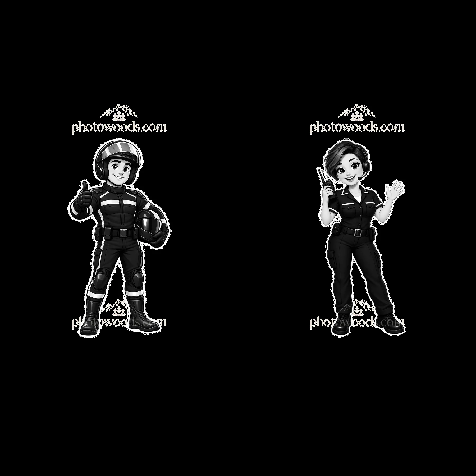 Police officer and dispatcher cartoon sticker pair in black and white - AI-generated stock image