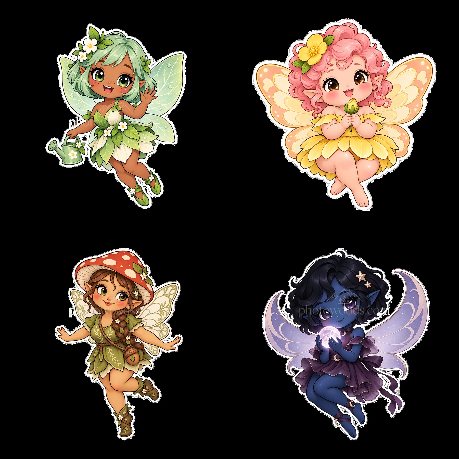 Kawaii chubby fairies in colorful outfits with cute accessories - AI-generated stock image