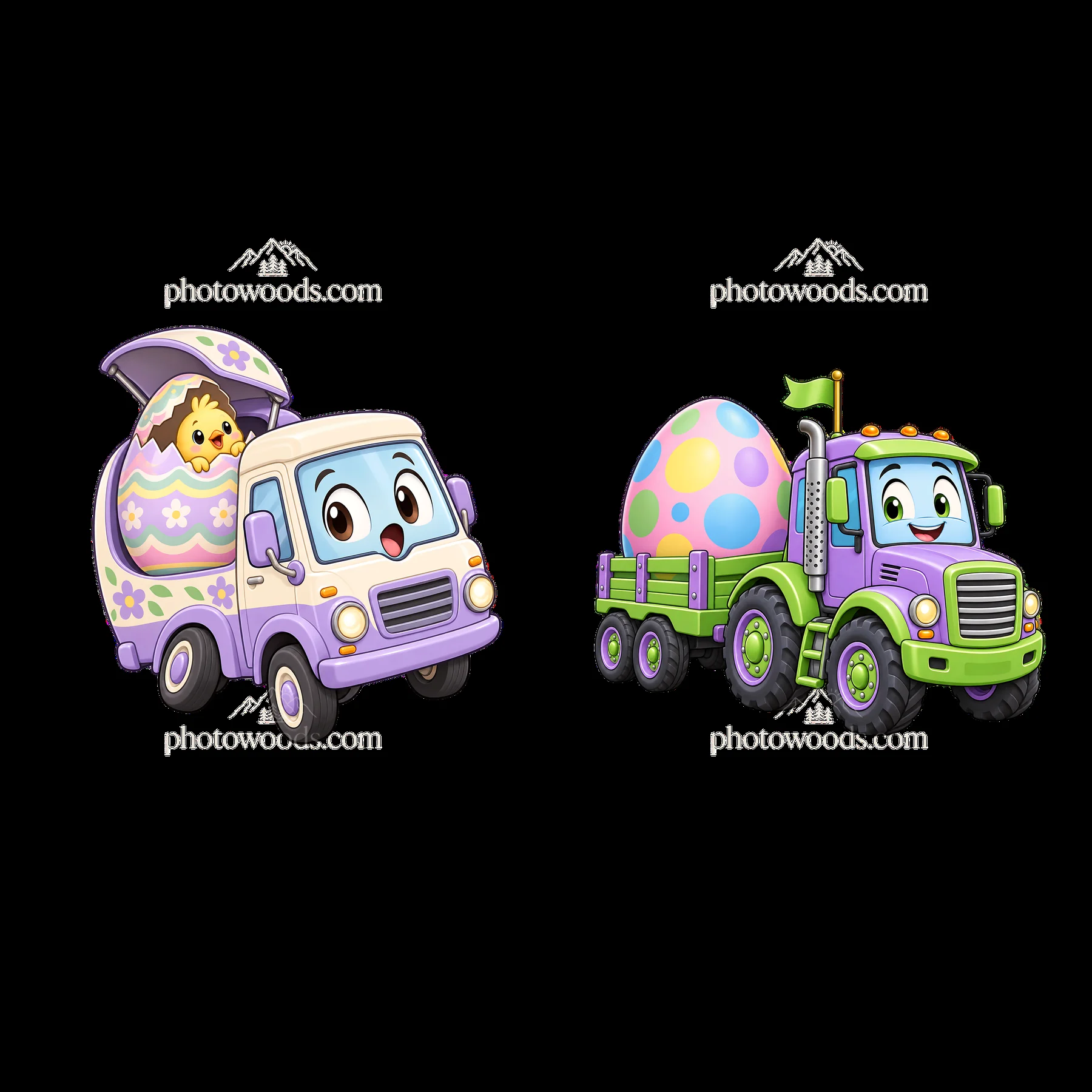 Easter trucks carrying colorful eggs with happy faces - AI-generated stock image