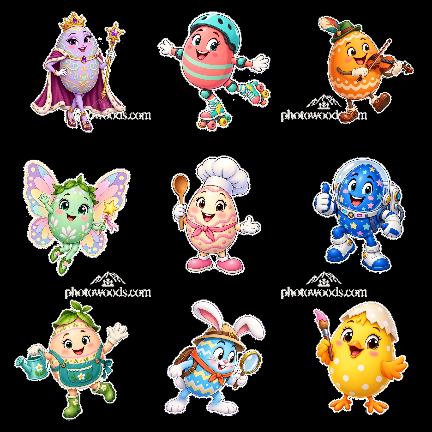 Colorful Easter egg characters in a fun 3x3 layout - AI-generated stock image