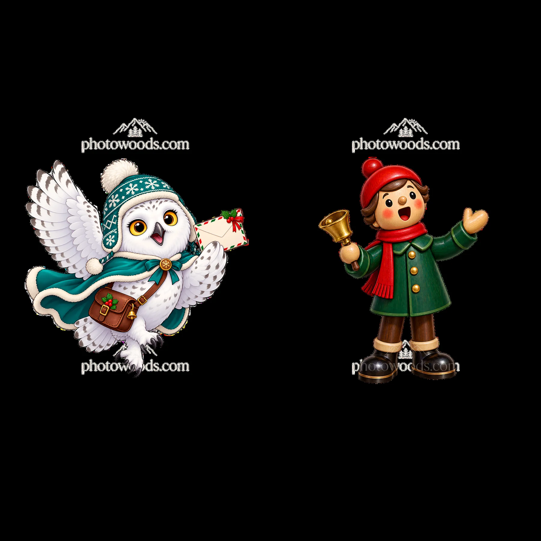 Owl delivering a Christmas letter and boy ringing a bell
