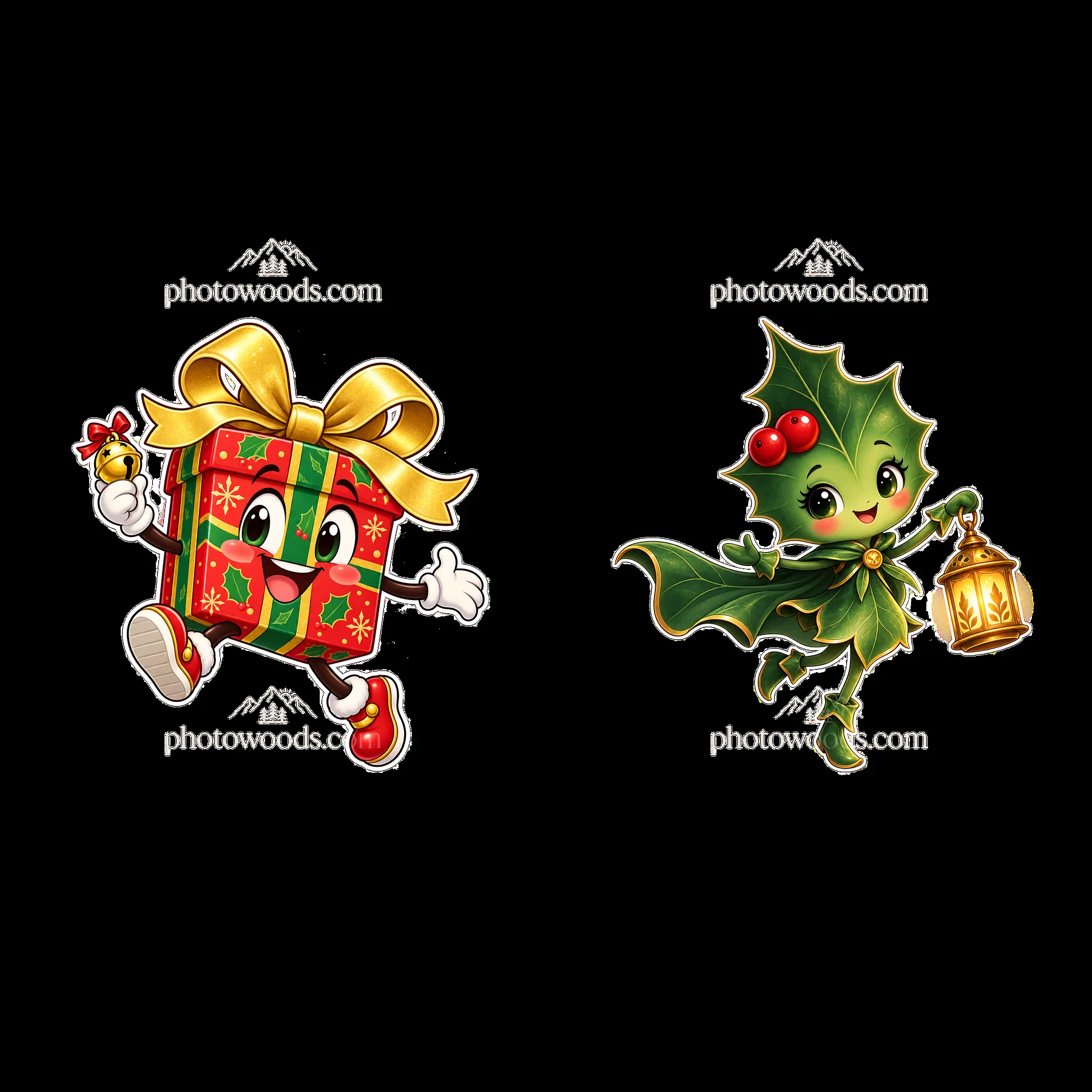 Cute Christmas gift box and holly character with lantern - AI-generated stock image