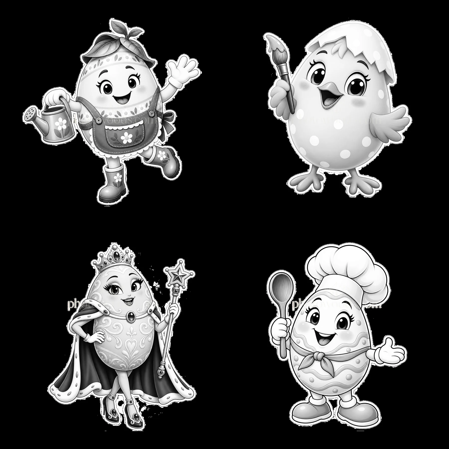 Easter egg characters dressed as a gardener, chick, queen, and chef - AI-generated stock image