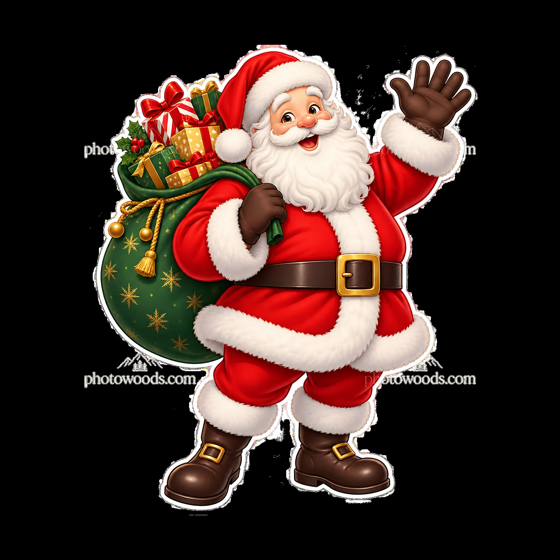 Santa Claus waving with a sack of gifts for Christmas - AI-generated stock image