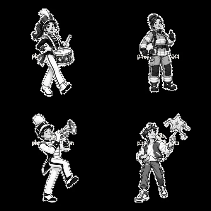 Cartoon characters celebrating patriotism in a 2x2 layout - AI-generated stock image