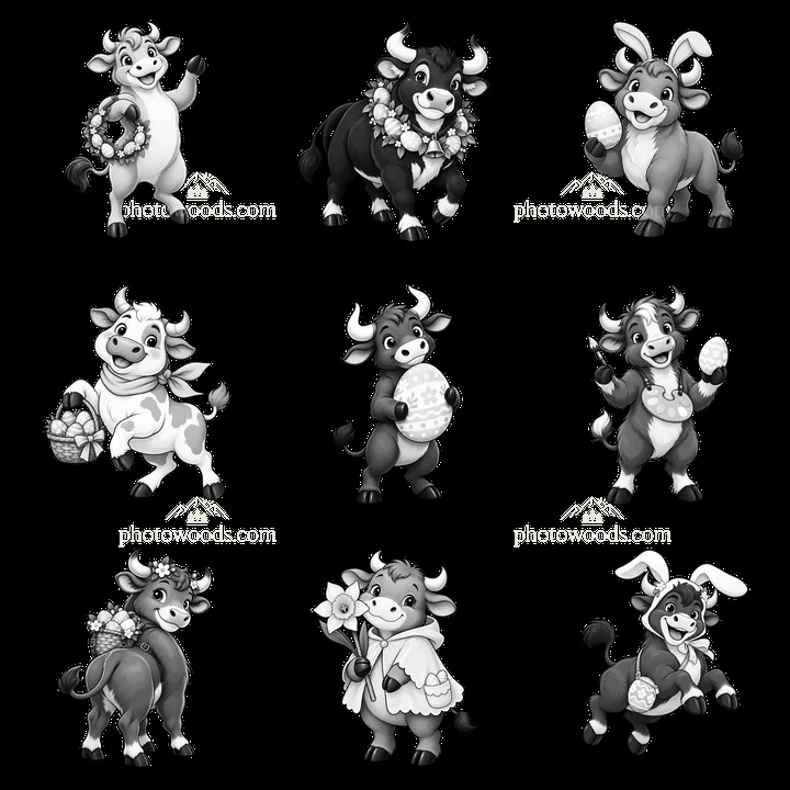 Cartoon ox characters with Easter accessories in grid layout - AI-generated stock image