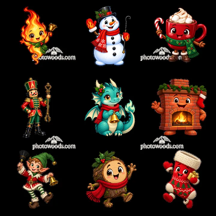 Christmas characters around a fireplace in a 3x3 grid - AI-generated stock image