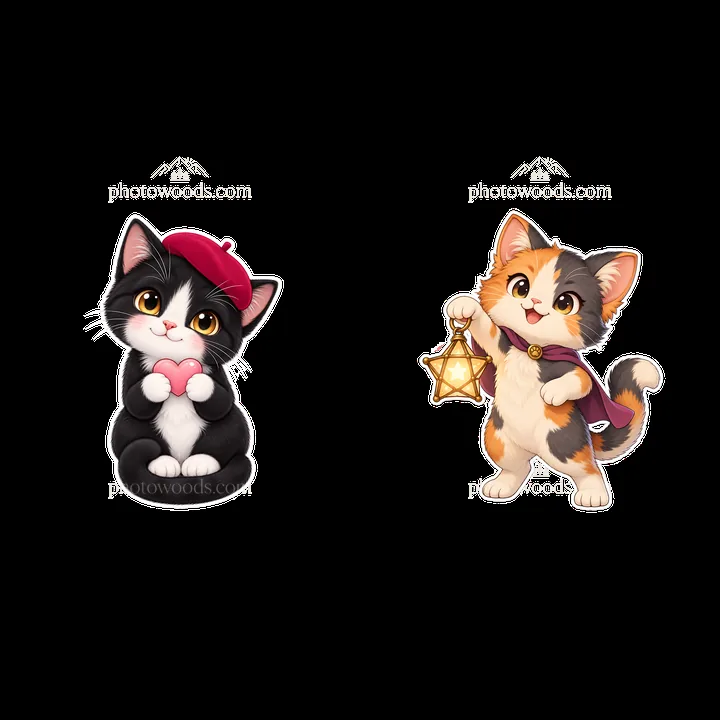 Kawaii cats with lantern and heart symbol cartoon sticker pair - AI-generated stock image