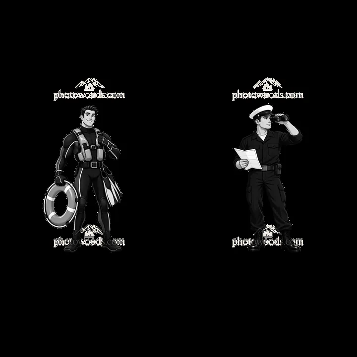 Two cartoon characters on an aircraft carrier in black and white - AI-generated stock image