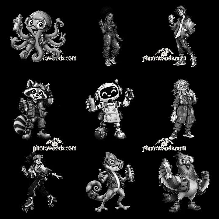 Cartoon graffiti characters with spray cans in a 3x3 layout - AI-generated stock image