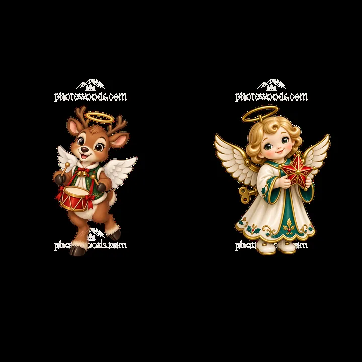 Cartoon angel and reindeer with drum for Christmas celebration - AI-generated stock image