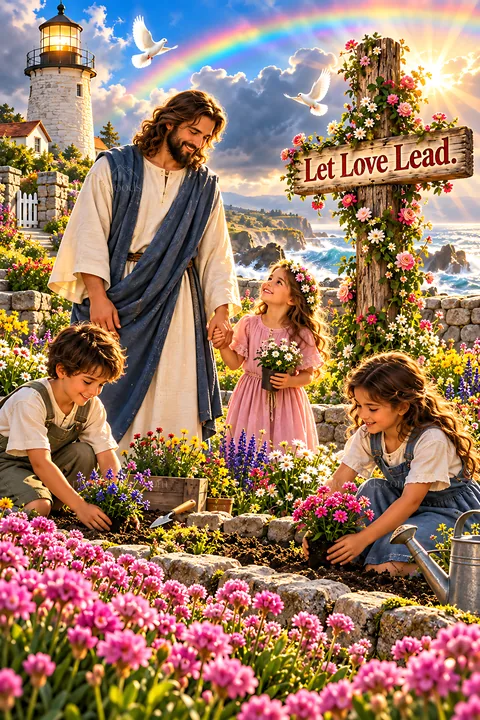 Steadfast love at the lighthouse in a garden setting - AI-generated stock image