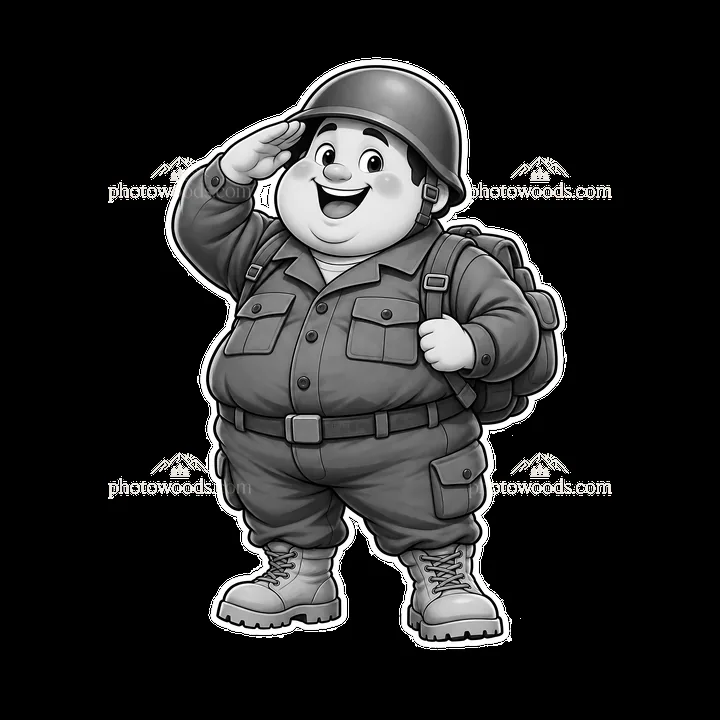 Cute ultra-chubby soldier character saluting with backpack - AI-generated stock image