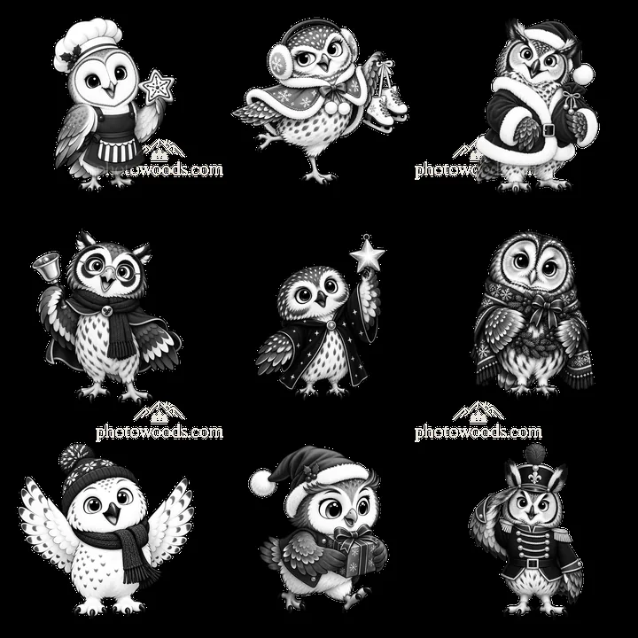 Christmas owls in various festive outfits and activities - AI-generated stock image
