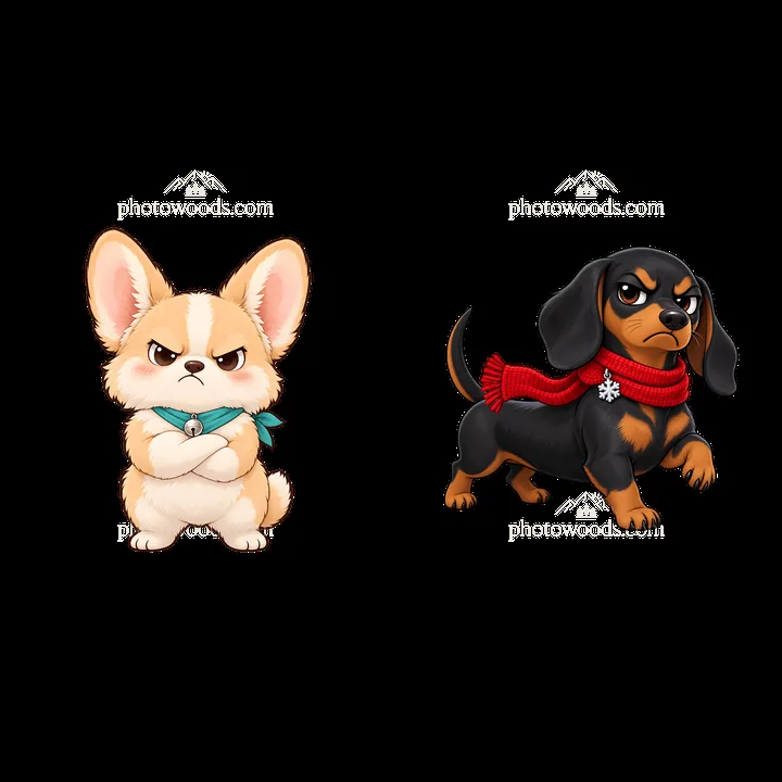 Kawaii grumpy dog duo with scarves in a playful pose - AI-generated stock image