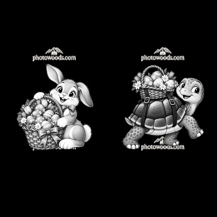 Easter bunny with basket and turtle carrying eggs - AI-generated stock image