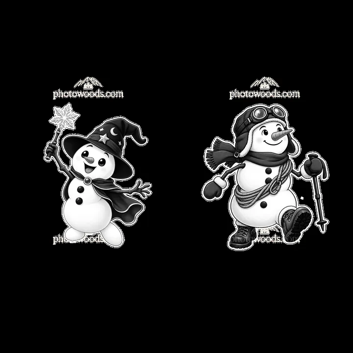 Snowman with magic wand and snowman in aviator hat walking - AI-generated stock image