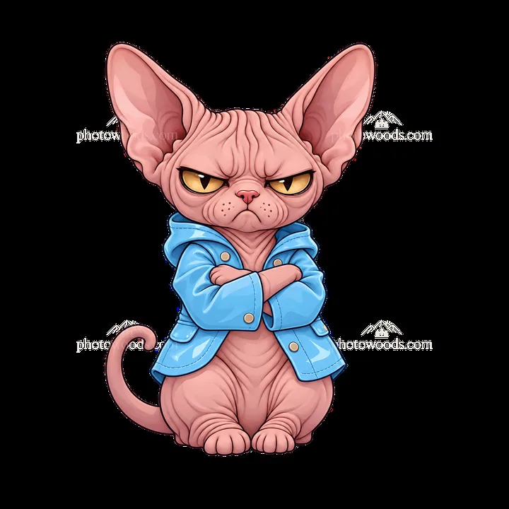 Kawaii grumpy cat wearing a blue jacket with crossed arms - AI-generated stock image