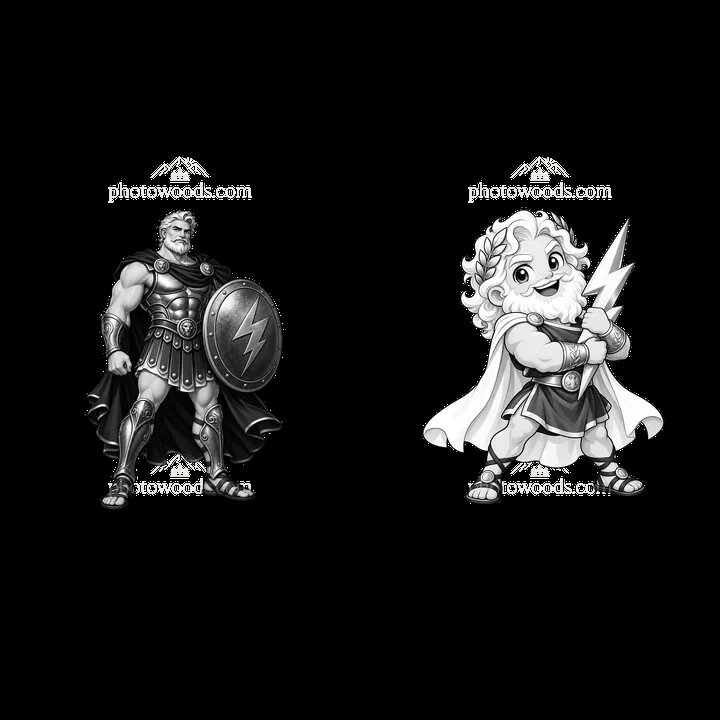 Zeus and Hercules cartoon sticker illustration in black and white - AI-generated stock image