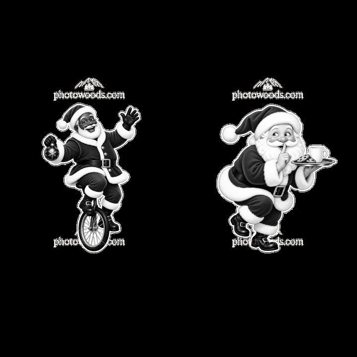 Santa Claus on unicycle and Santa serving cookies - AI-generated stock image