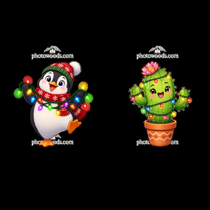 Penguin and cactus with string lights in festive colors - AI-generated stock image